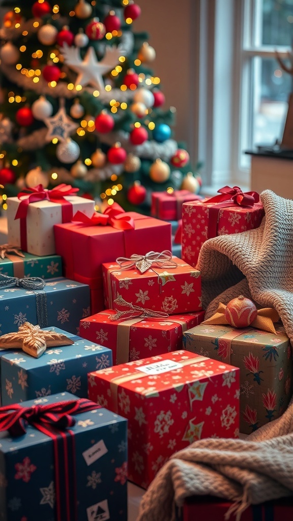 Essential Christmas Gift Ideas A collection of Christmas gifts wrapped in colorful paper with a decorated tree in the background.